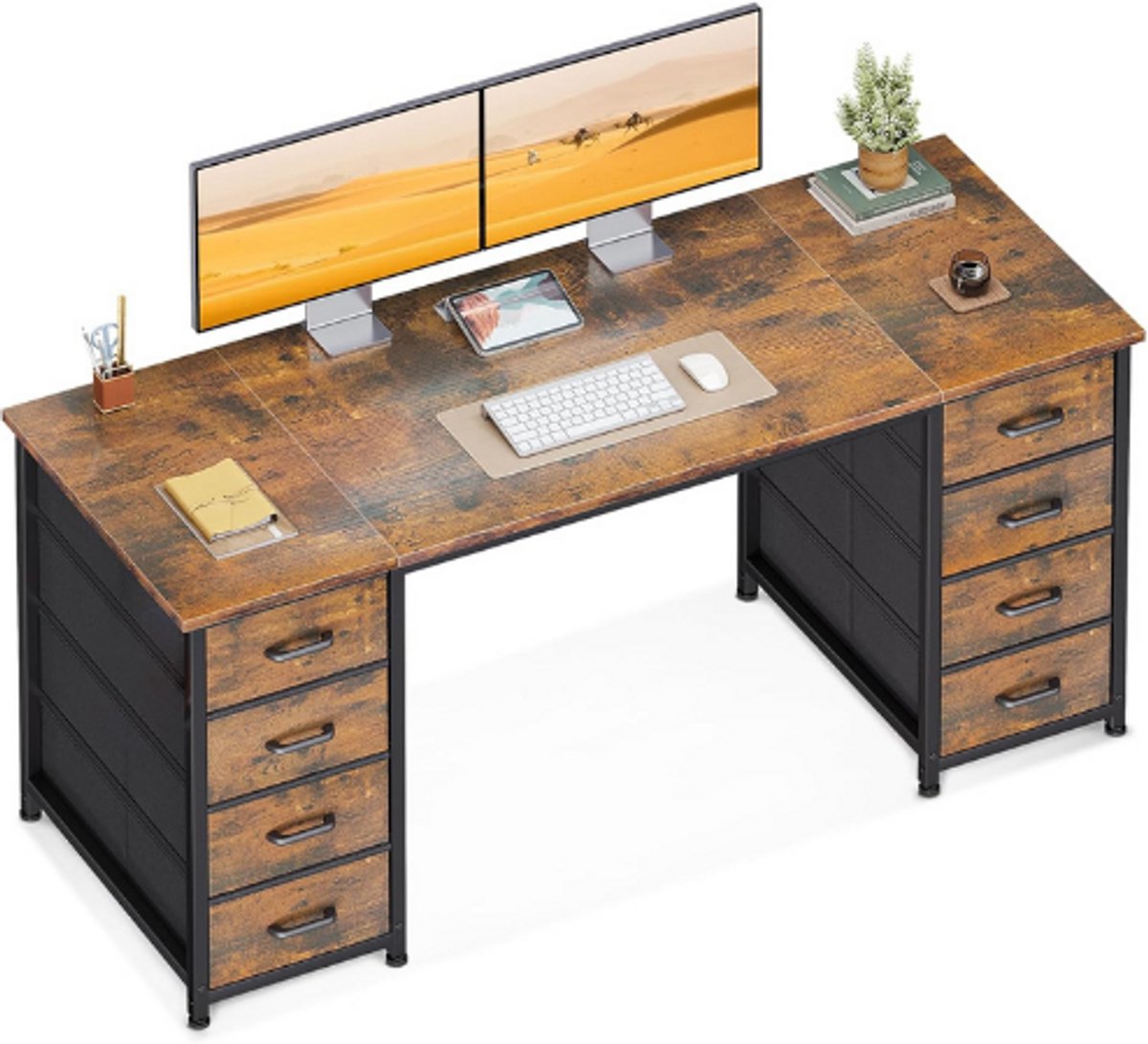 Coleshome Bureau Met 8 Stoffen Laden - 140 X 48 Cm - Ruim Bureau Met Opbergruimte - Computertafel Voor Kantoor En Thuiskantoor - Stijlvolle PC-Tafel - Bruin