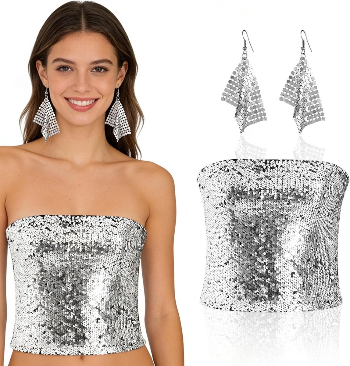 Sparkling Sequin Crop Tops en Oorbellen Set voor Vrouwen, Strapless Tube Top voor Avondfeesten en Partijen