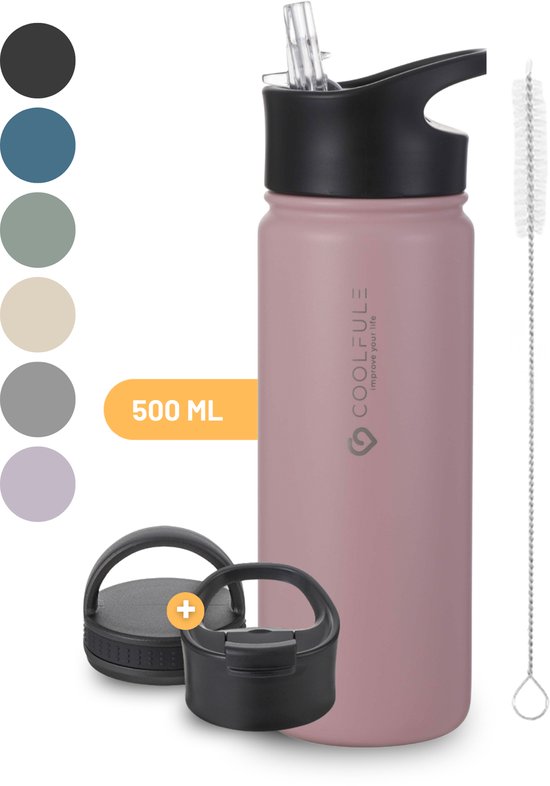 CoolFule Drinkfles - Roze waterfles met rietje - 500 ml - dubbelwandig