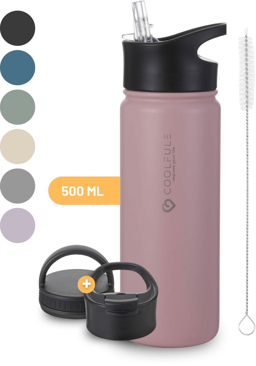 CoolFule Drinkfles - Roze waterfles met rietje - 500 ml - dubbelwandig