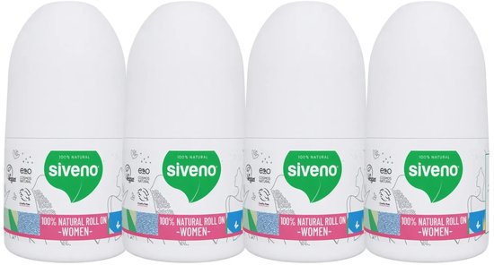 Vier witte Siveno roll-on deodoranten met groene en kleurrijke labels.