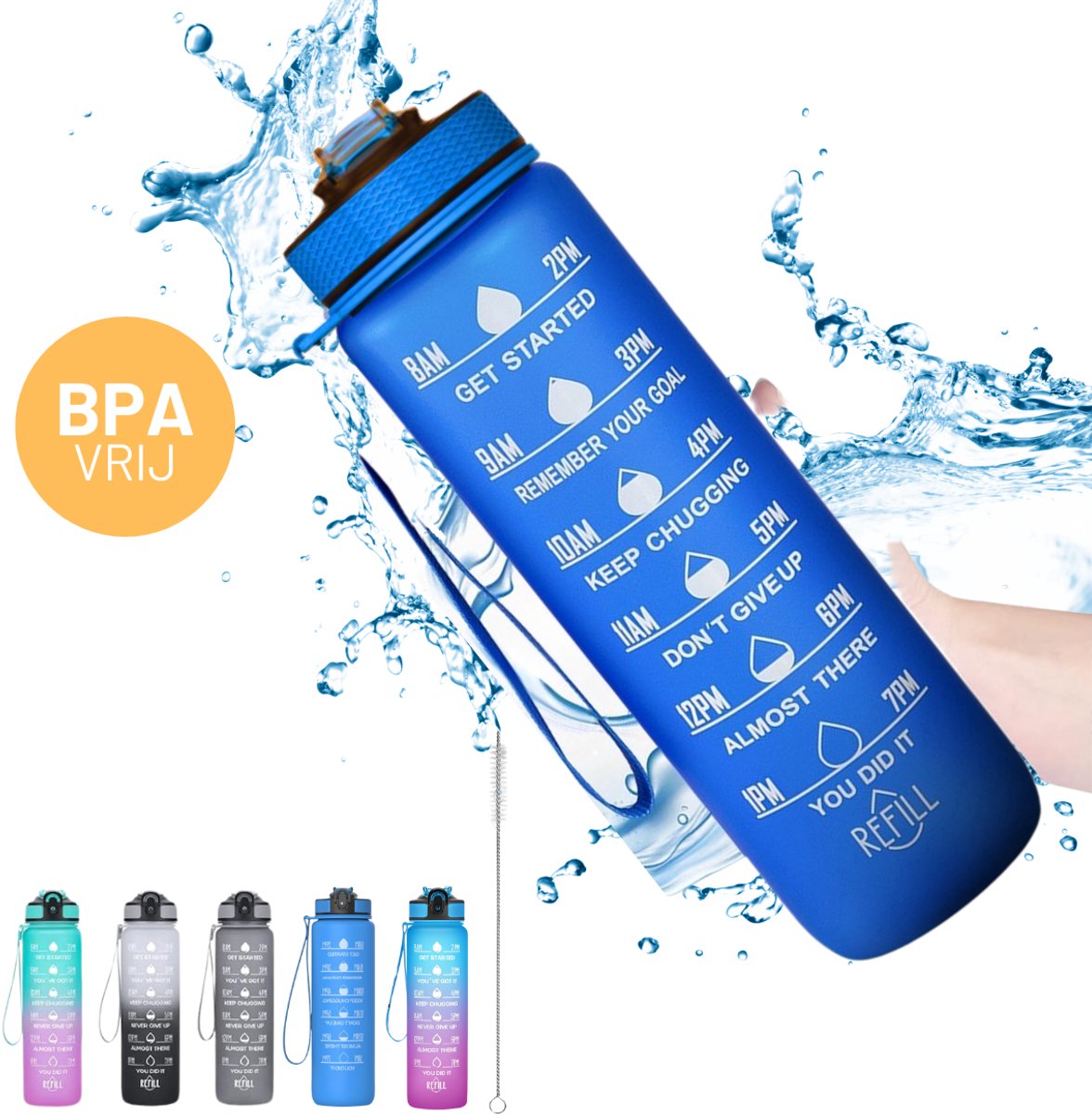 CoolFule Waterfles met Rietje - 1 Liter - Blauw - Lekvrij - BPA Vrij - Drinkfles voor Volwassenen en Kinderen