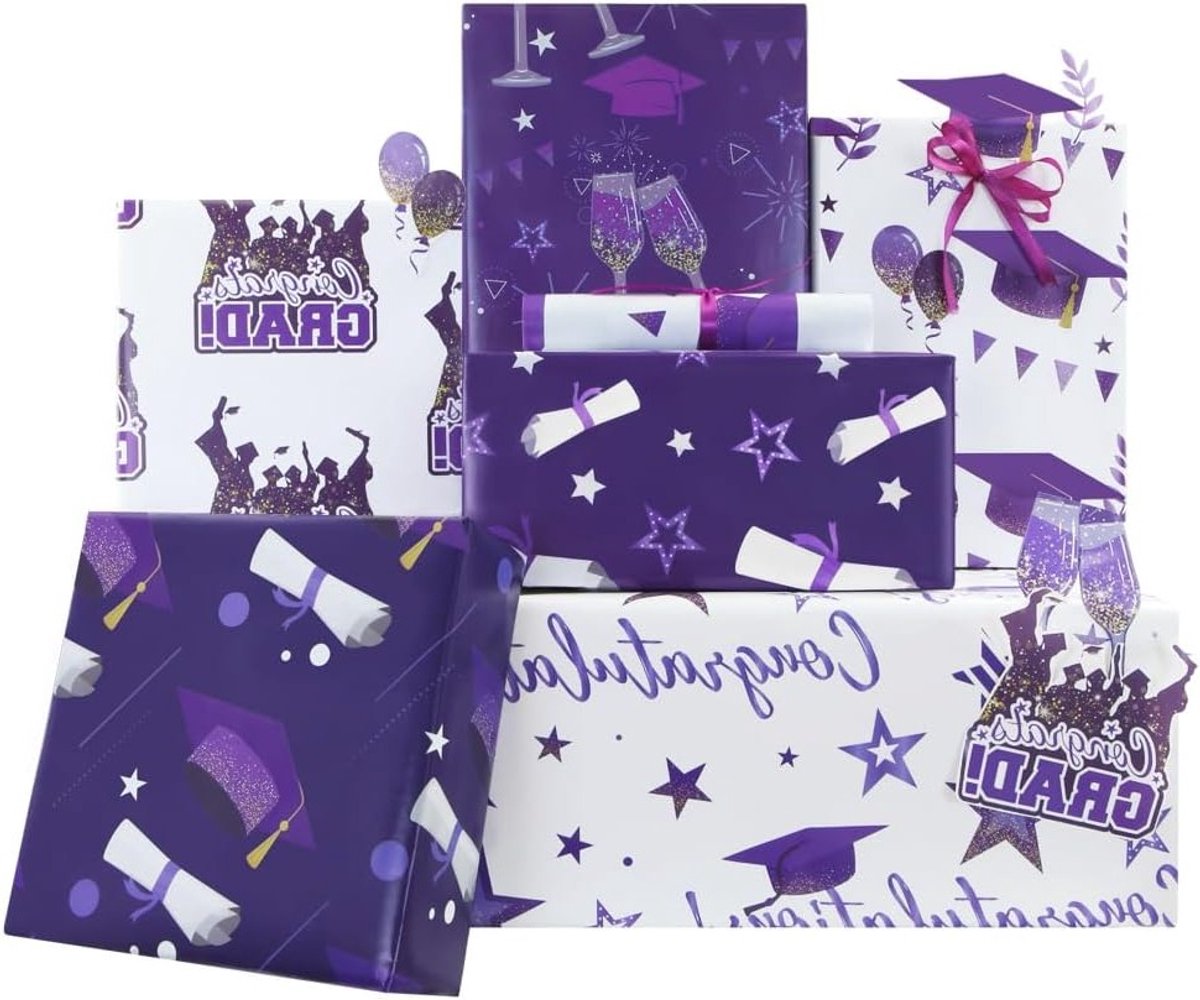 Afstuderen inpakpapier set met 6 vellen, paars en wit, inclusief 22 m satijnen lint voor feestelijke cadeauverpakking, perfect voor afstudeercadeaus en feestartikelen (70 x 50 cm)