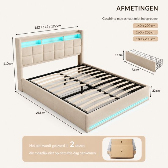 Afmetingen van een lichtbeige gestoffeerd tweepersoonsbed met geïntegreerde LED-verlichting en opbergruimte.