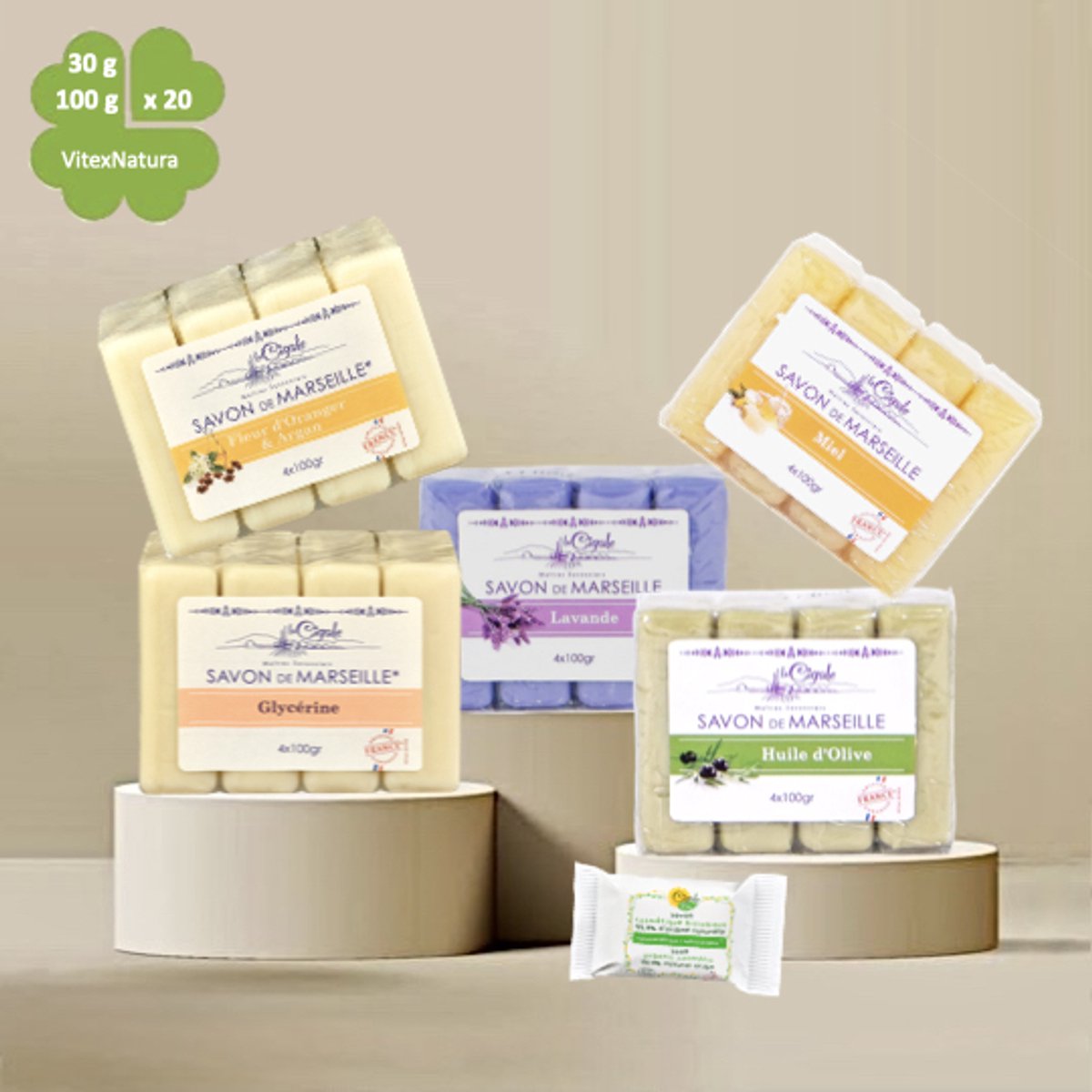 La Cigale Marseille Zeep Bundel 5×4×100 g + GRATIS Bio Testzeep 30 g | Lavendel, Olijf, Honing, Orange-Argan & Glycerine | Biologisch & Hypoallergeen