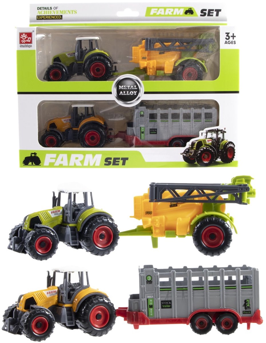 Jonotoys Farm Set – Tractor met Aanhanger – 2 Tractoren + 2 Trailers – Metaal/Kunststof – Speelgoedvoertuigen – 3+