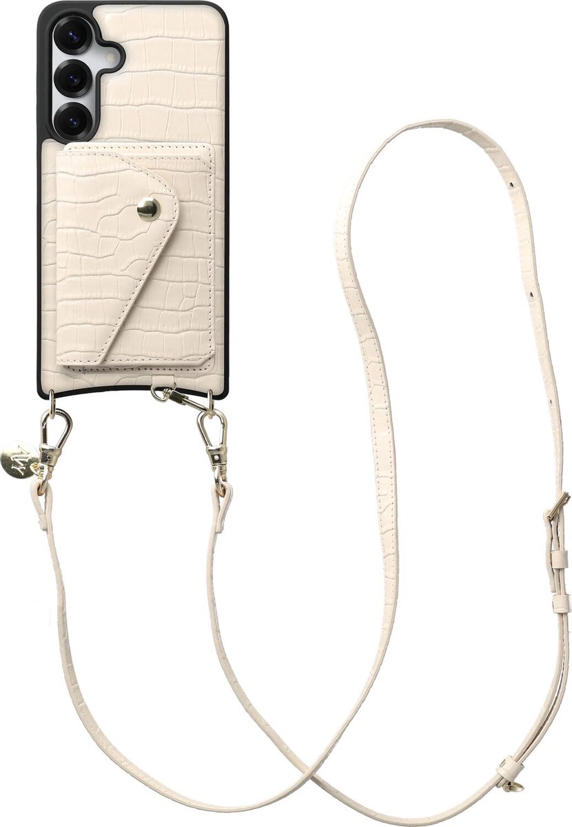AVY Leren Hoesje geschikt voor Samsung Galaxy S25 / S24 | Met Koord en Kaarthouder | Compatibel met MagSafe | Leather Case met Crossbody Koord & Wallet | Long Leather | Croco Beige