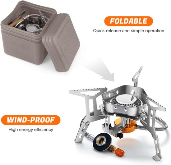 Campingkooktoestel, 3200 W, met piëzo-ontsteking, winddicht, werkt op gas, voor alle schroefcartouches, gasbrander, met adapter, opvouwbaar, kooktoestel voor camping, grijs — afbeelding 2
