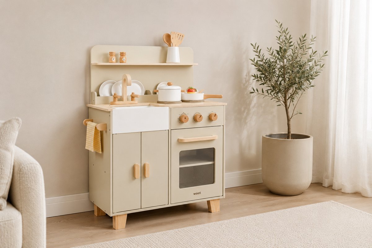 Woet® Houten Speelgoed Kinderkeuken Beige - Speelkeukentje met Pannen, Servies, Groente en Snijplank - Houten Speelkeuken - Werkbladhoogte 55 cm - Rollenspel - Vanaf 3 Jaar — afbeelding 10