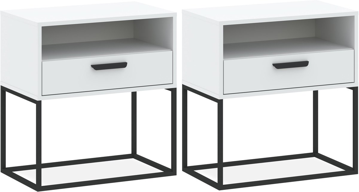 KONSIMO RECTUS Nachtkastje Set van 2 - met lade - met plank - Bijzettafeltjes (2 stuks) - Wit - 60x65x39 cm