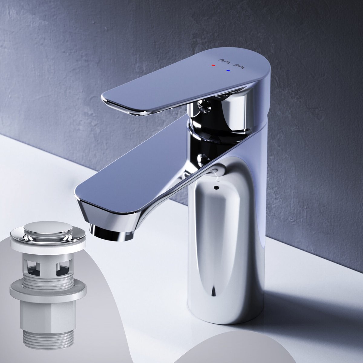 AM.PM Hit - Wastafelkraan met push-open waste set M-Size - Waterbesparend - Messing - Chroom