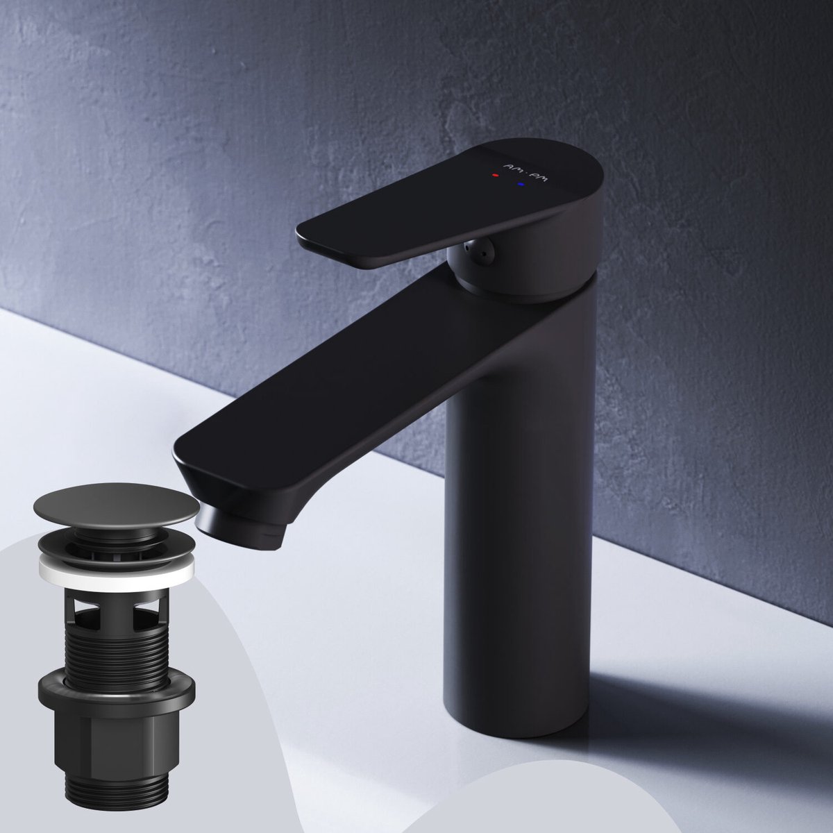 AM.PM Hit - Wastafelkraan met push-open waste set S-Size - Waterbesparend - Messing - Zwart
