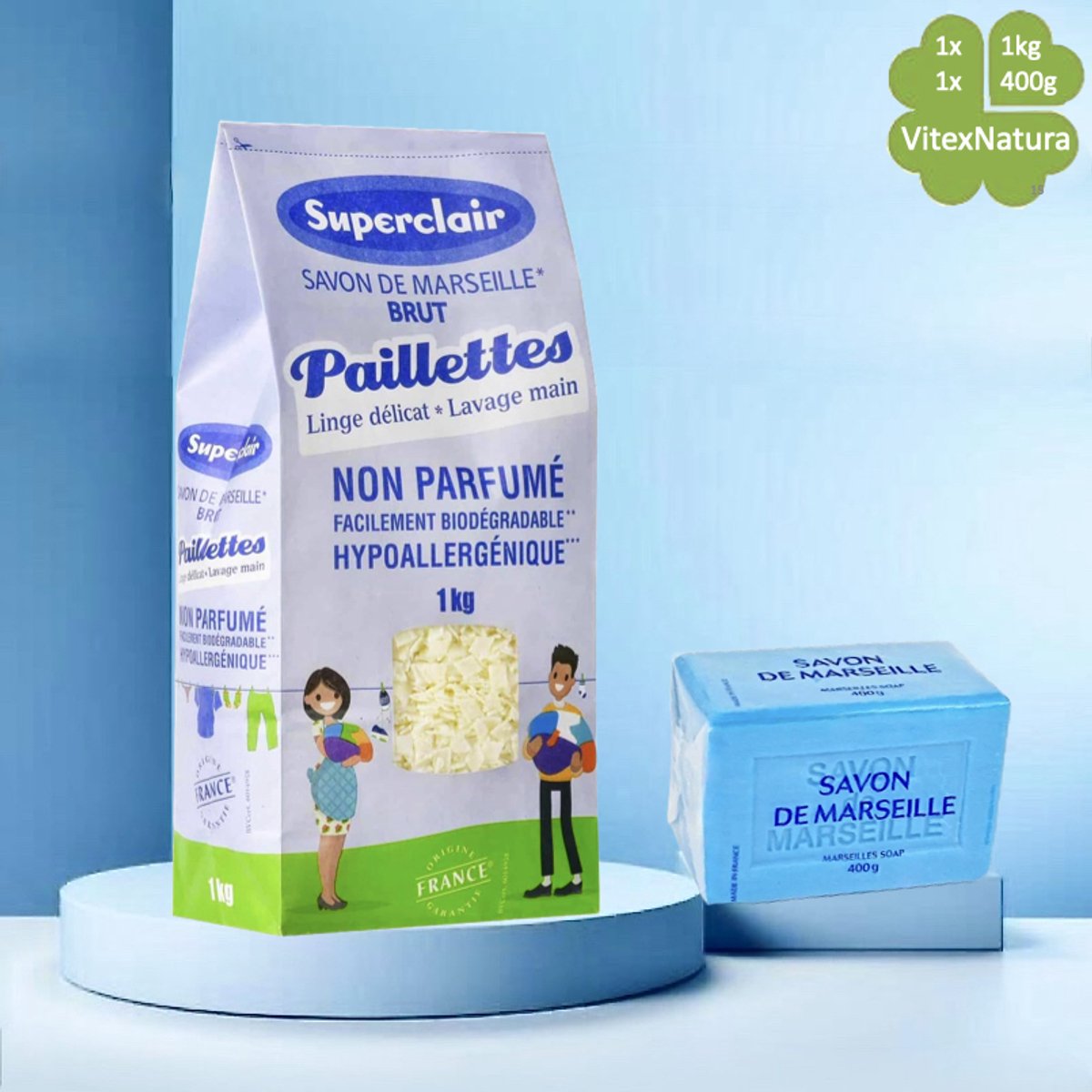 Marseillezeep Bundel 2-in-1 | Blauwe 400 g Blok + 1 kg Zeepvlokken | Multifunctioneel & Biologisch Afbreekbaar
