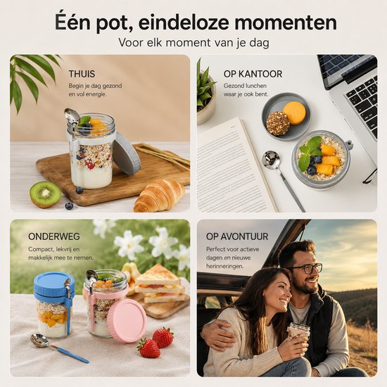 Bocal de flocons d'avoine BOTC Overnight Oats - Bocaux de conservation - Set de 4 avec Cuillères - 4 x 475 ml - Bocaux en Verres avec couvercles - Bocal Mason