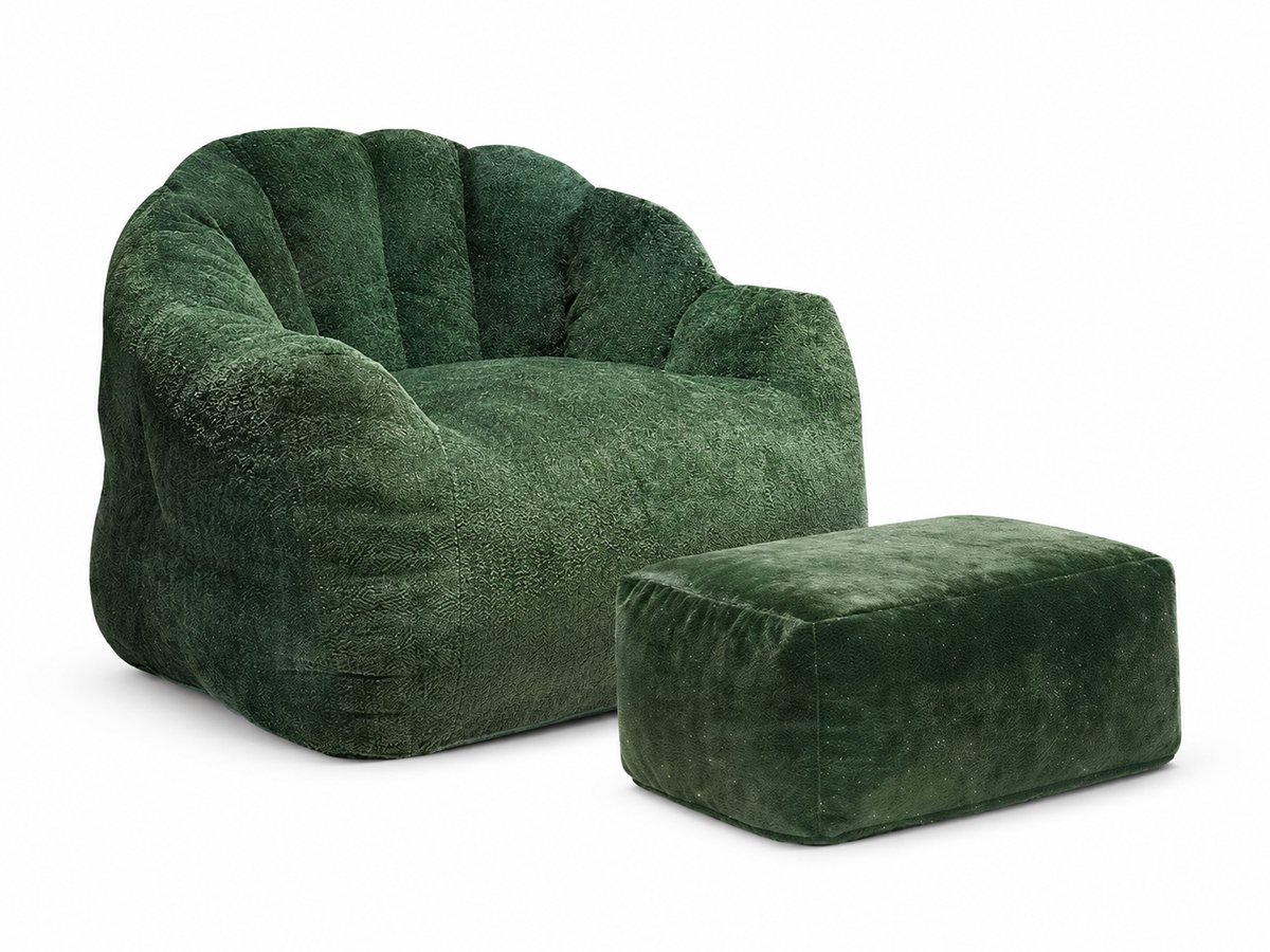 CINK Home® Luxe Groene Pluche Relaxstoel met Voetenbank – Zachte Shell Fauteuil voor Woonkamer, Gaming & Slaapkamer – Geen Montage Nodig
