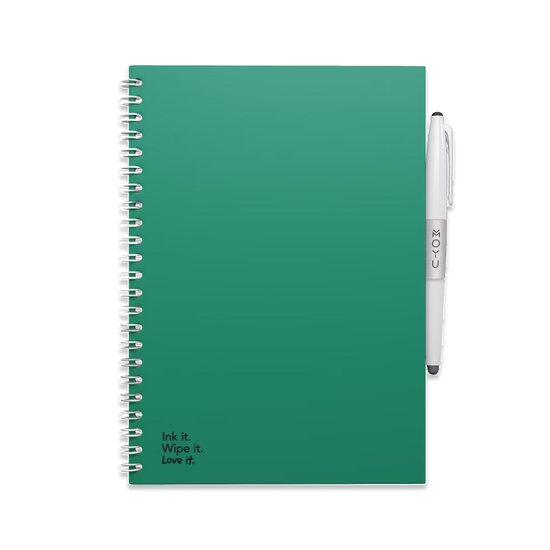 Carnet MOYU vert avec un stylo blanc à côté et le texte 'Ink it. Wipe it. Love it.'.