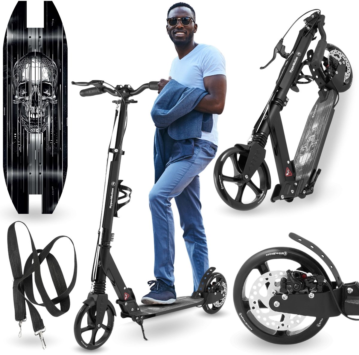 HyperMotion Skyline Step voor Volwassenen en Kinderen – Opvouwbare Aluminium Step met Schokdempers, Handrem en Grote Wielen