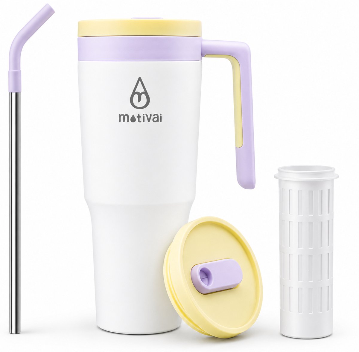Motivai Travel Cup RVS Thermosbeker met Handvat & Rietje – 1.2L (40oz) – Lekvrij & Dubbelwandig – Drinkbeker To Go – Thermosfles Waterfles – Vanille