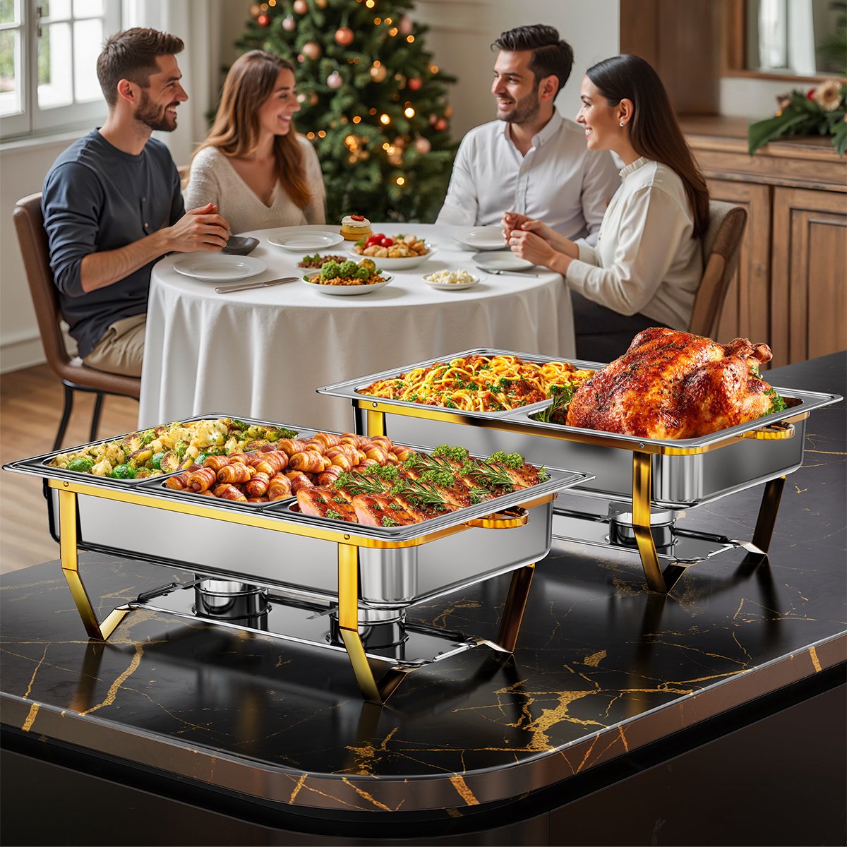 Warmounts 2-delige Gouden Chafing Dish Set – 7,6L Rechthoekige Warmhoudbakken van RVS met Meerdere Inzetbakken, Opvouwbaar Frame & Dekselhouder