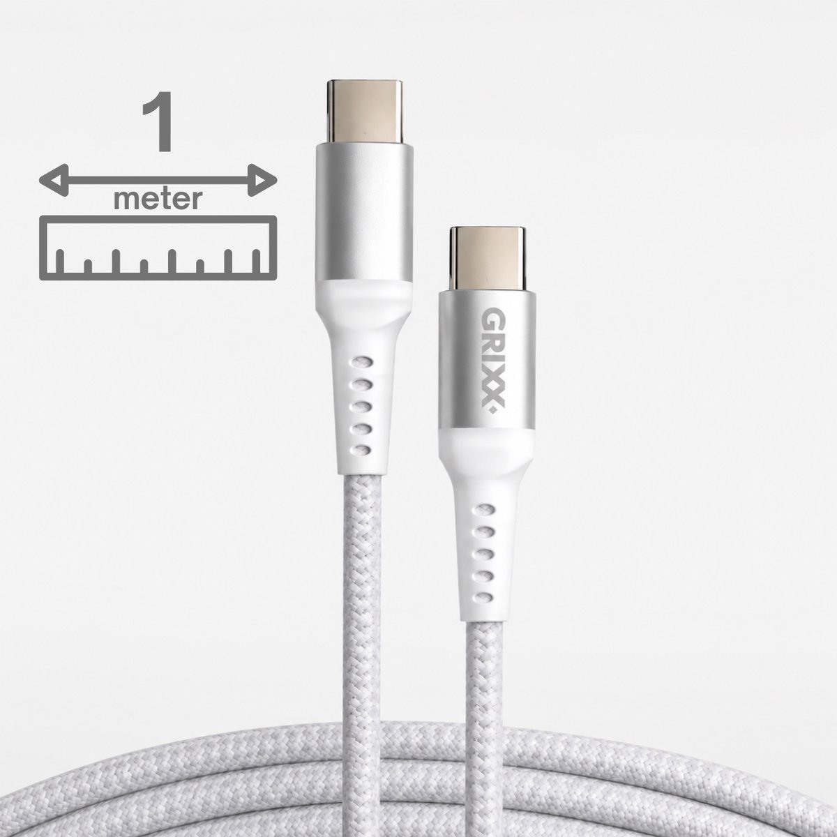 Grixx USB-C naar USB-C Kabel - 20W PowerDelivery – Snelladen – 1 meter – Nylon - wit
