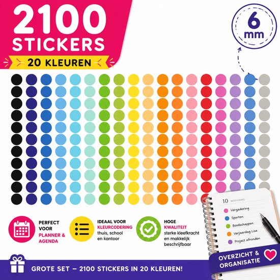 2100 stickers in 20 kleuren, perfect voor planner & agenda. Ideaal voor kleurcodering thuis, school en kantoor. Sterke kleefkracht.