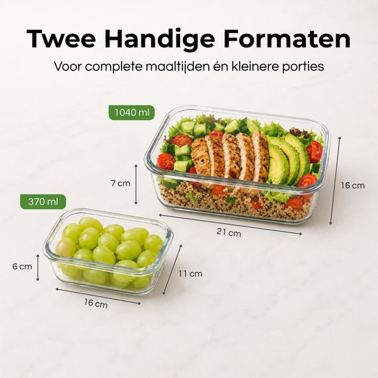 Five Stars® Boîtes de conservation en verre - 12 pièces - Boîtes de préparation de repas - Boîtes de congélation hermétiques - Avec couvercle - 1040 ml & 370 ml