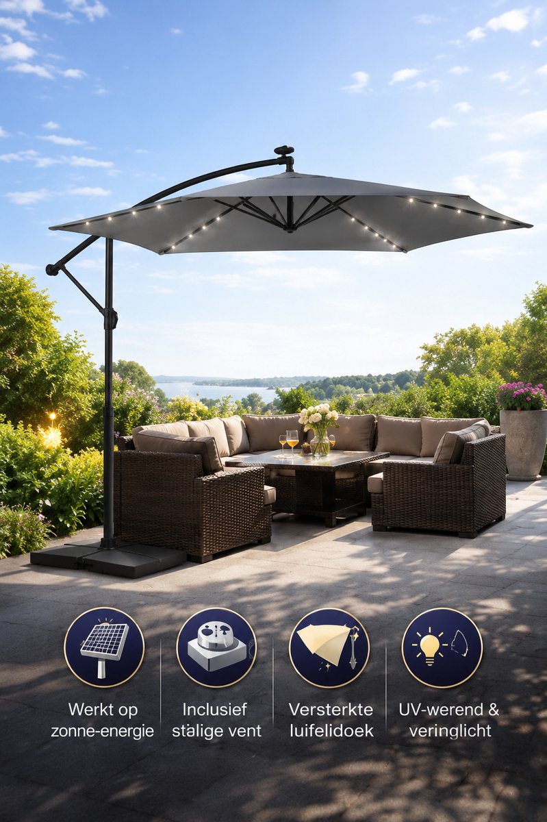 Jurrys Parasol - Zweefparasol - Schaduwdoek - Tuinparasol - Inclusief verlichting - Complete set - Polyester - Grijs - 300cm – foto 8