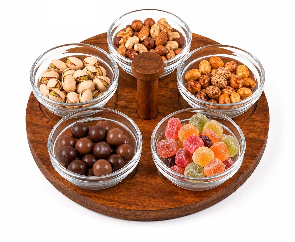 Glozini Glazen Schaaltjes Set met Houten Serveerplank - 6-delig - Glas/Hout