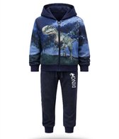 Kinder Joggingpak Blauw met Hoodie – Stoere Dino Print – Jongens & Meisjes Trainingspak – Broek & Vest Set – Maat 134/140 – 65% Katoen