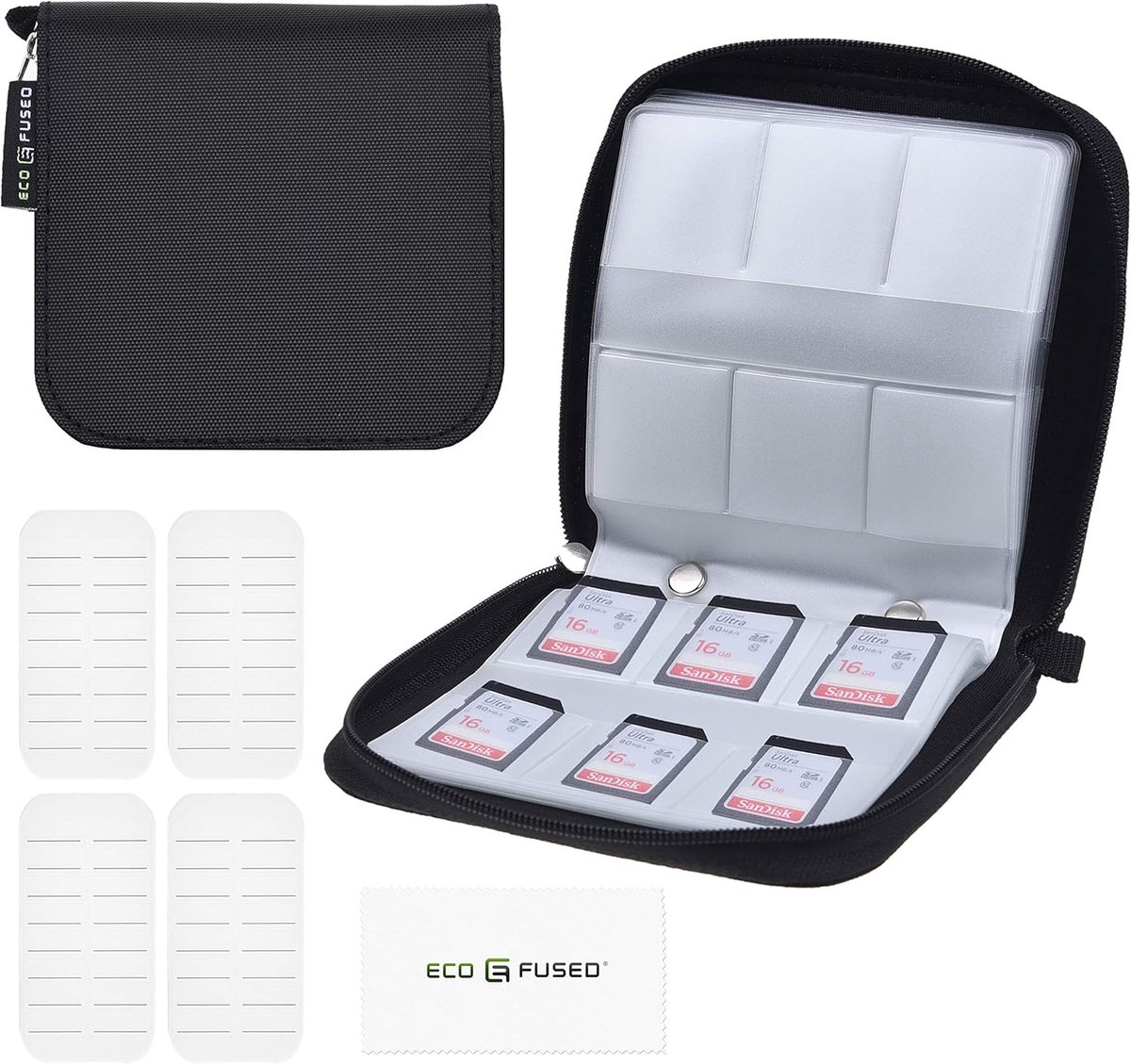 Geheugenkaart Organiser - Past tot 44x SD, SDHC, Micro SD, Mini SD en 4X CF - Houder met 44 slots (8 pagina's) - voor opslag en reizen - Inclusief microvezeldoek en labels (44x Slots, Zwart)