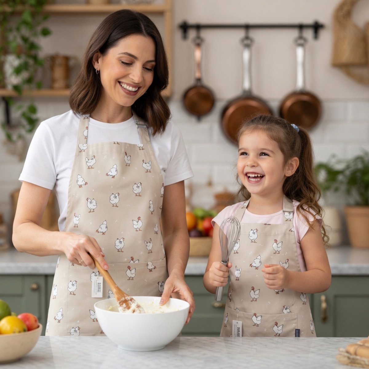 Schorten Set Moeder en Kind - Mini & Me Keukenschorten -Volwassen + Kinder Schort - Kippen - Chicken