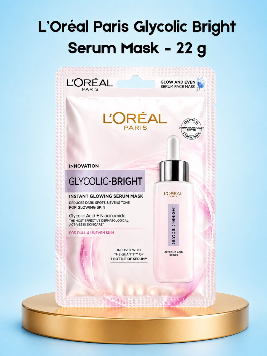 L'Oréal Paris Glycolic Bright Serum Mask – Professioneel Verhelderend Sheetmasker – Verrijkt met Glycolzuur voor Egalere Huidtint – Intensieve Hydratatie & Glow – Verminderde Donkere Vlekken – Stralende, Gladde & Gezonde Huid – 22 g