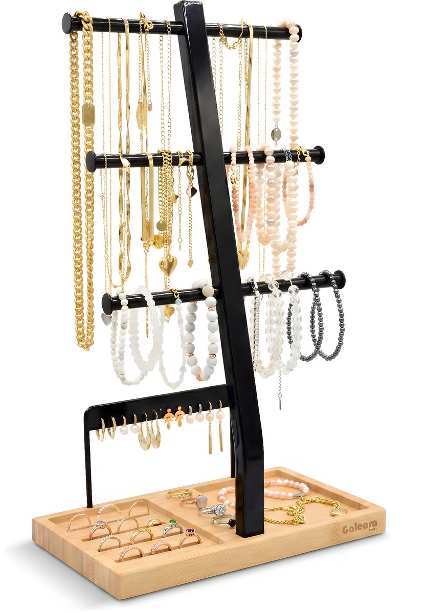 Galeara Viva Sieradenhouder Zwart – Luxe Sieradenrekje voor Kettingen, Armbanden & Oorbellen – Hoog Sieradenrek – Sieraden Organizer voor Kaptafel & Slaapkamer – Modern Opbergrek Sieraden
