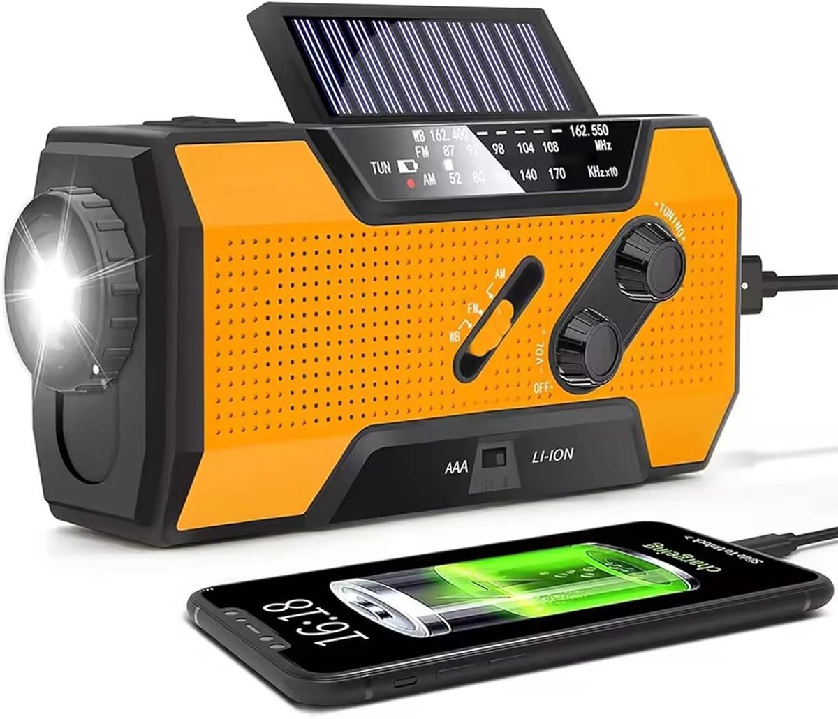 ECTEATOY® Noodradio Solar Opwindbaar en Batterij - Noodpakket - Draagbare Survival Radio - Powerbank Zonneenergie - AM/FM/NOAA-weersvoorspellingsradio – oranje