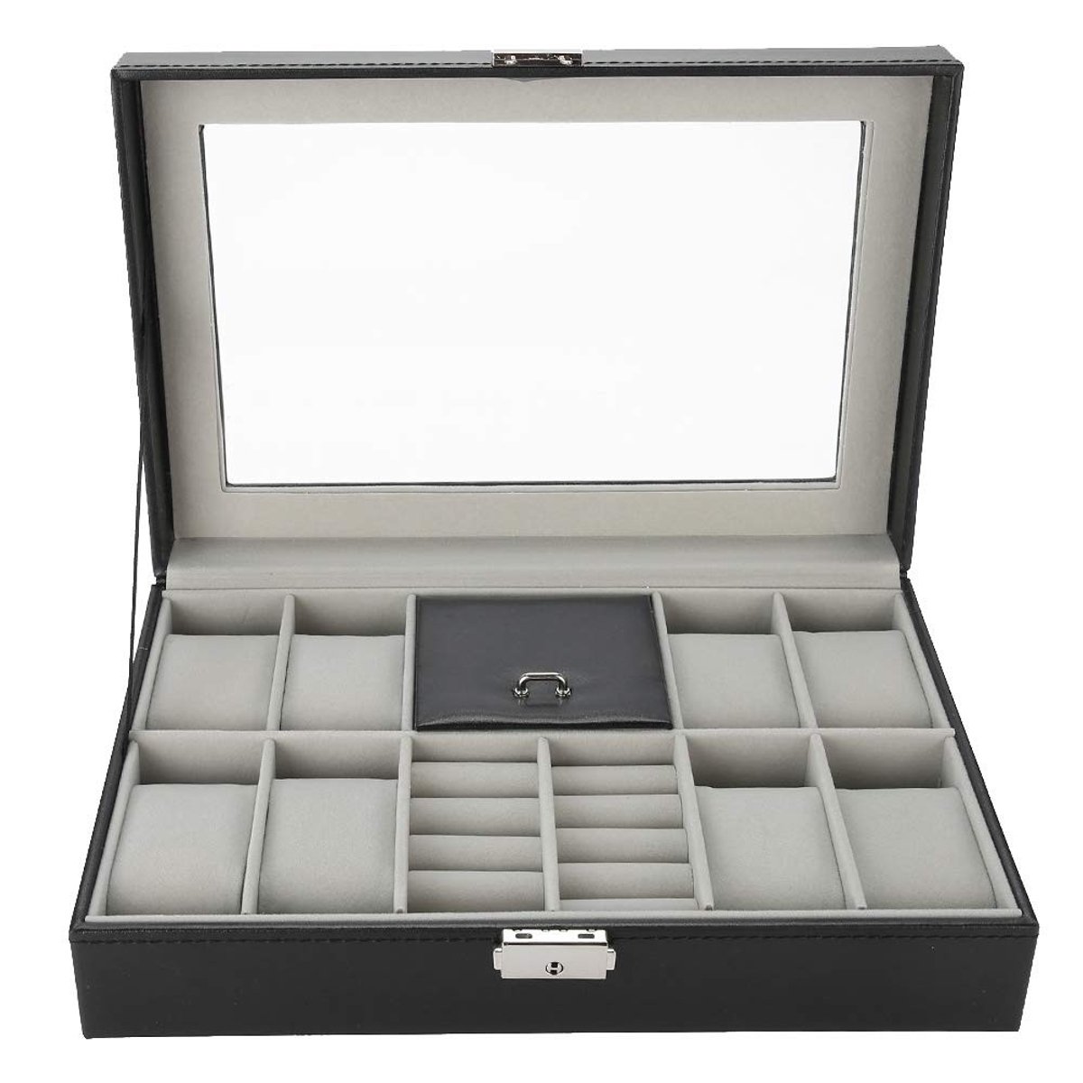 Jhubersproducts - Horlogebox - 8 Compartimenten - Elegante opslag voor horloges - 30 x 21 x 8 cm - Glazen deksel - Veilig met slot - Geschikt voor dam