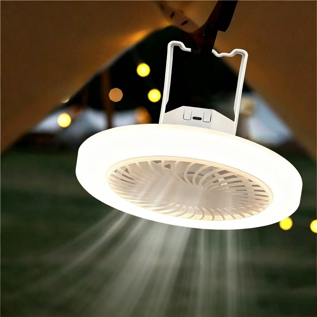 Camping plafondventilator met verlichting - 2-in-1 oplaadbare ventilator met verlichting - Draagbare multifunctionele plafondventilator met verlichting via USB - 3 instelbare snelheden - Geschikt voor kleine ruimtes, tenten, slaapkamers en kantoren