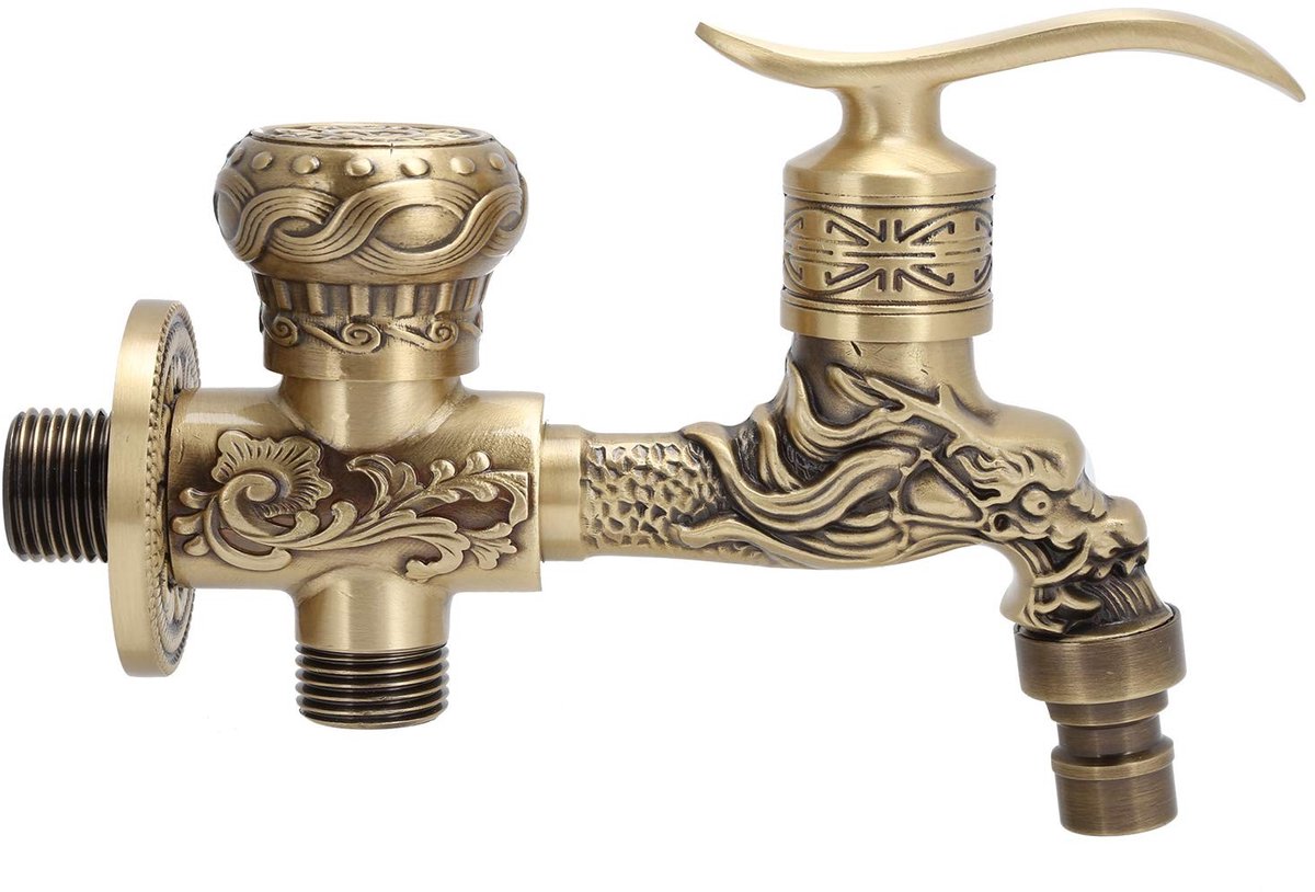 Livia home - Antieke Gesneden Kraan - Vintage Wandmontage - Massief Messing - Dual-Purpose Waterkraan - Geschikt voor Badkamer en Keuken
