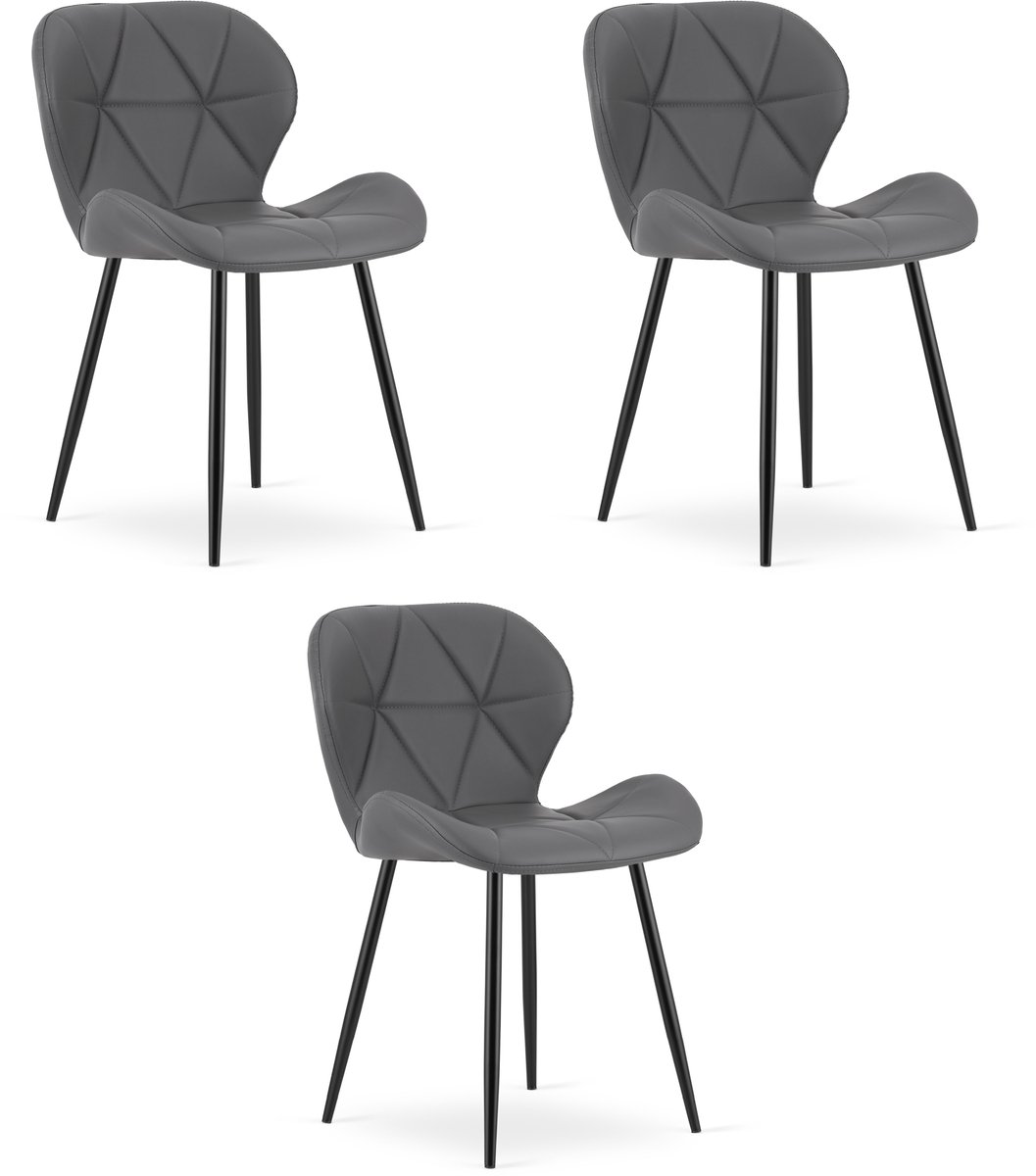 Set van 3 eetkamerstoelen MANGO - Grijs kunstleer - Zwarte metalen poten - Modern design
