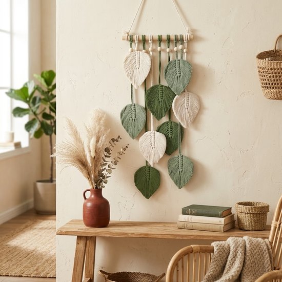 Groen wit bladeren wandkleden unisex handgeweven hangdecoratie met koorden en kralen compact formaat 25x55 cm boho wanddecoratie textiel