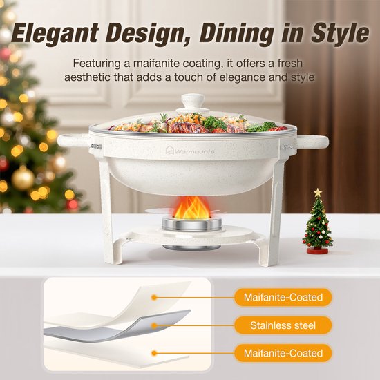 WARMOUNTS 4-delige Ronde Chafing Dish Set 4,7L - Wit, RVS Speisewärmer met Glasdeksel, Stapelbaar, Inclusief Dekselhouder - Voor Buffet, Bruiloft & Feest — afbeelding 3
