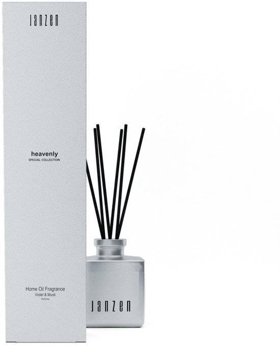 Janzen 'Heavenly' home fragrance, violet & musk, met zilverkleurige diffuser en verpakking.