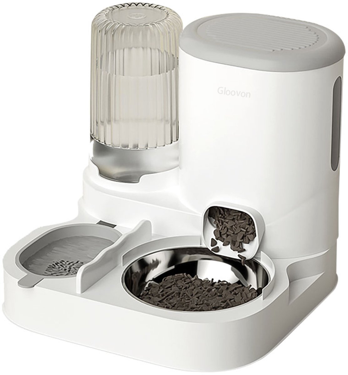 Gloovon® 2-in-1 Automatische Voer- en Waterdispenser - RVS Voerbak & Anti-Haar Filter - Zwaartekracht Voerstation - Kat & Hond - Wit/Grijs