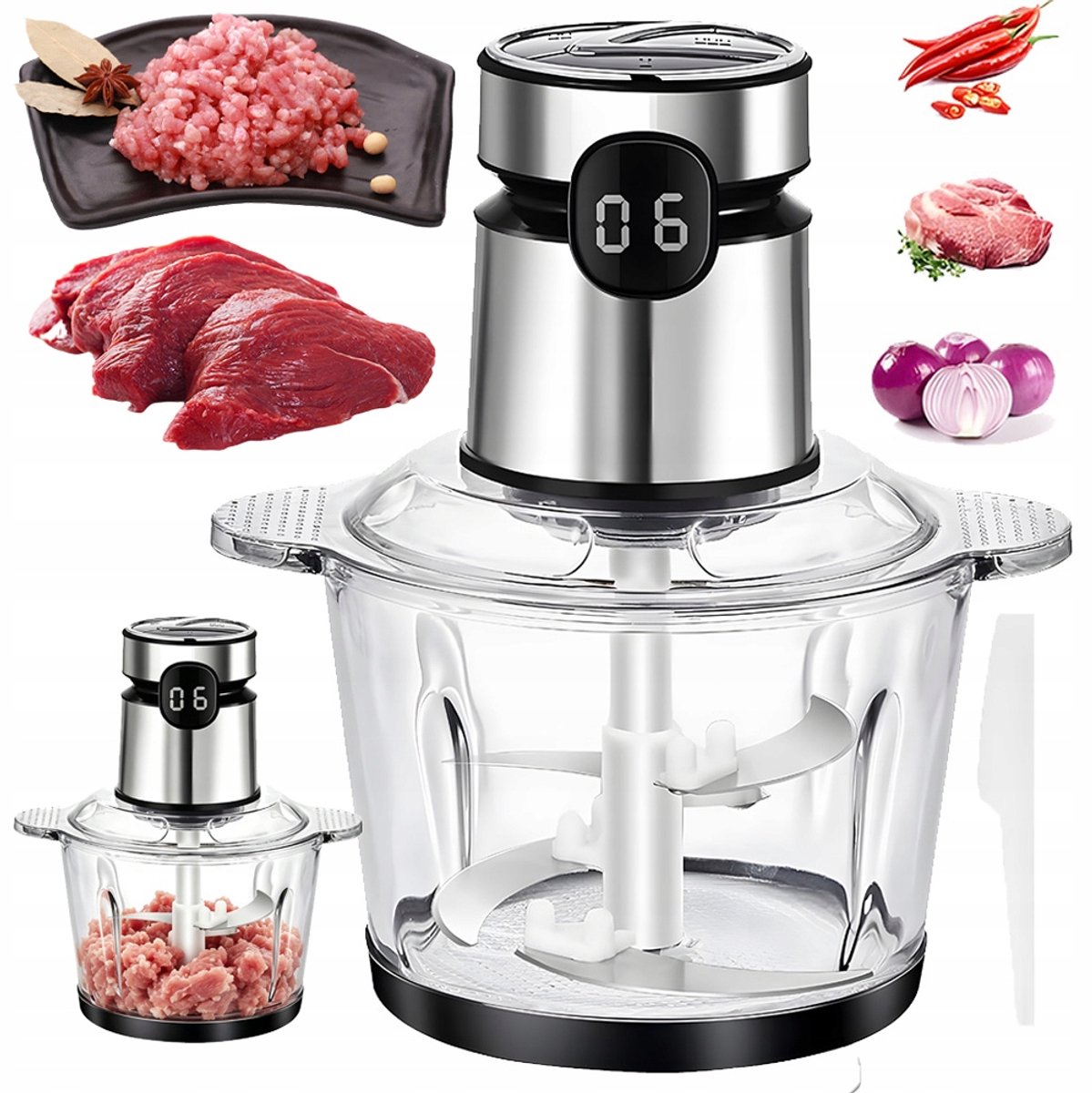 Vleesmolen 200W Elektrische Vleesmolen 3 Snelheden & Digitale Timer 1.75L Borosilicaat Glas Oververhittingsbeveiliging RVS Mes & Vaatwasser Voor Vlees & Groenten