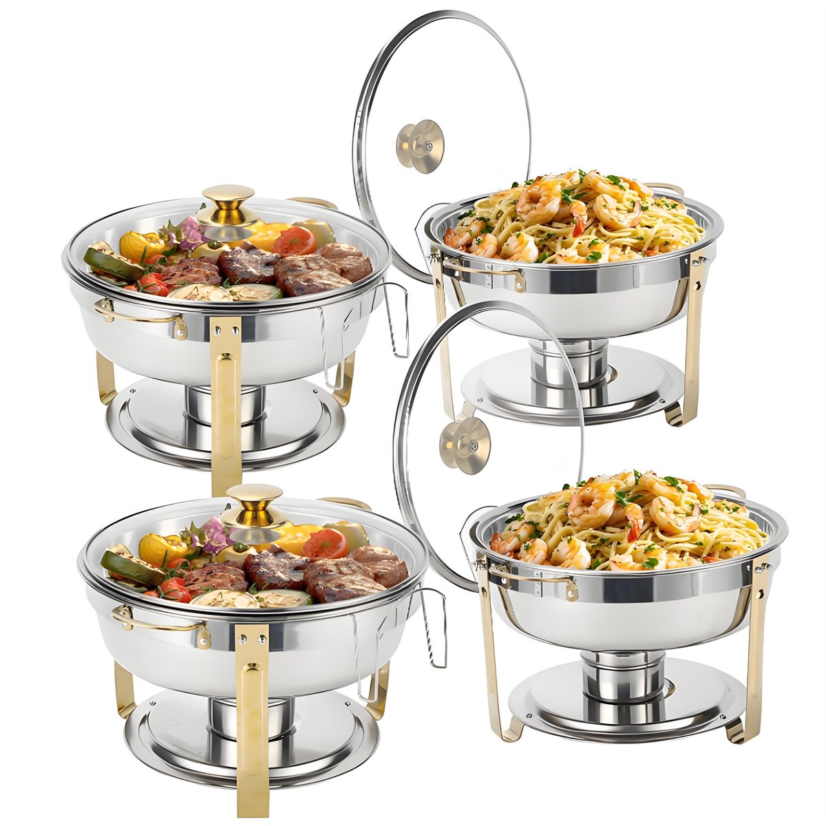 Warmounts Set van 4 Gouden Chafing Dishes – 4,7L Ronde Buffetwarmers met Glasdeksel – Roestvrij Staal, Stapelbaar, met Dekselhouder – Ideaal voor Feesten & Bruiloften