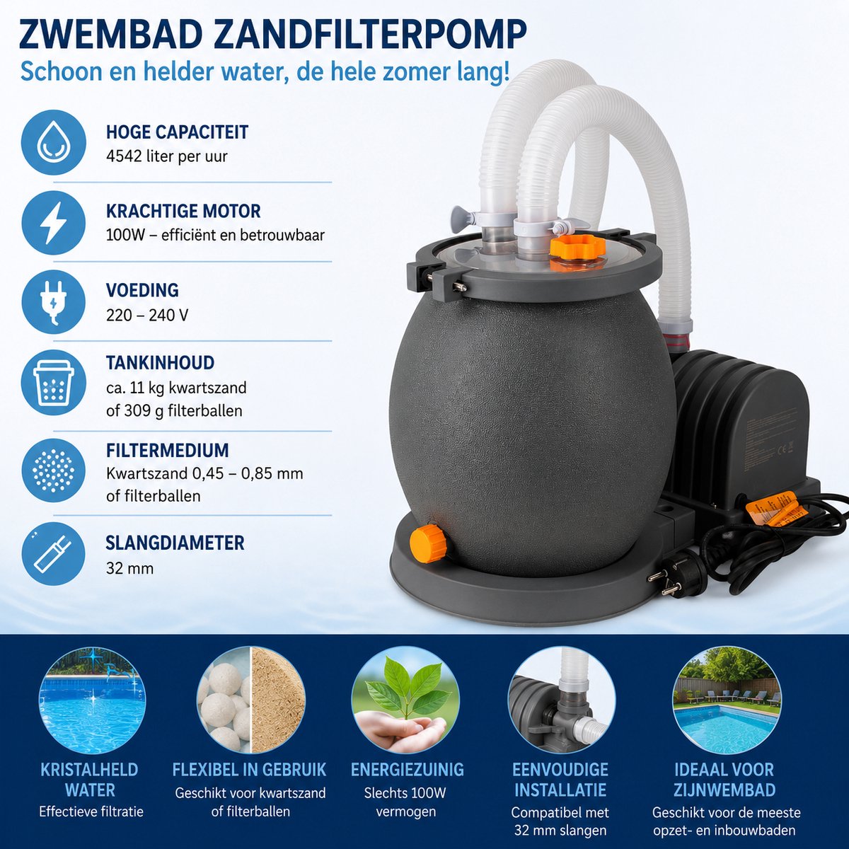 COIL Zandfilterpomp 4542 L/u voor Zwembad – 100W Pool Filterpomp met 32 mm Aansluiting – Inclusief Slangen en Accessoires – foto 8