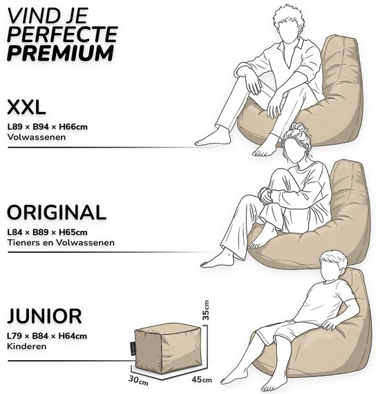 Dimensions et suggestions d'assise pour les tailles XXL, Original et Junior.