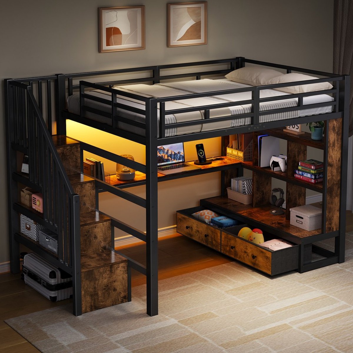 KOMHTOM Metalen hoogslaper - 140x200 cm - met bureau en planken - twee geïntegreerde lades - trap met opbergruimte - zwart