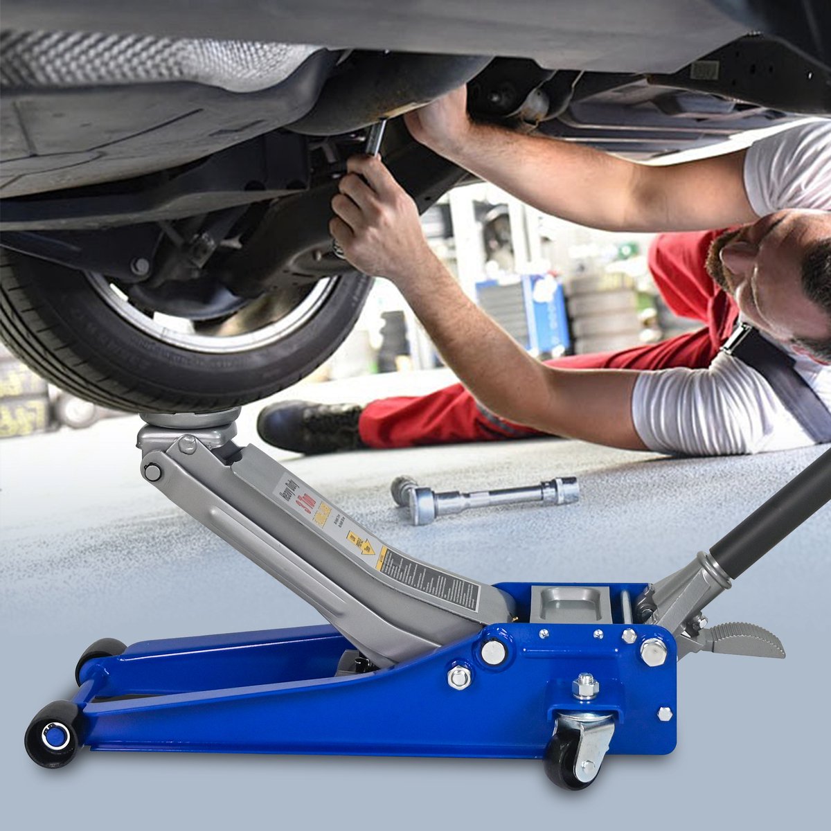 Re-purelife® garagekrik 3 ton met dubbele pomp - autokrik van aluminium en staal - krik met 360° zwenkwielen en overbelastingsbeveiliging - hydraulische vloerkrik blauw en zilver 67 × 33 × 50,8 cm