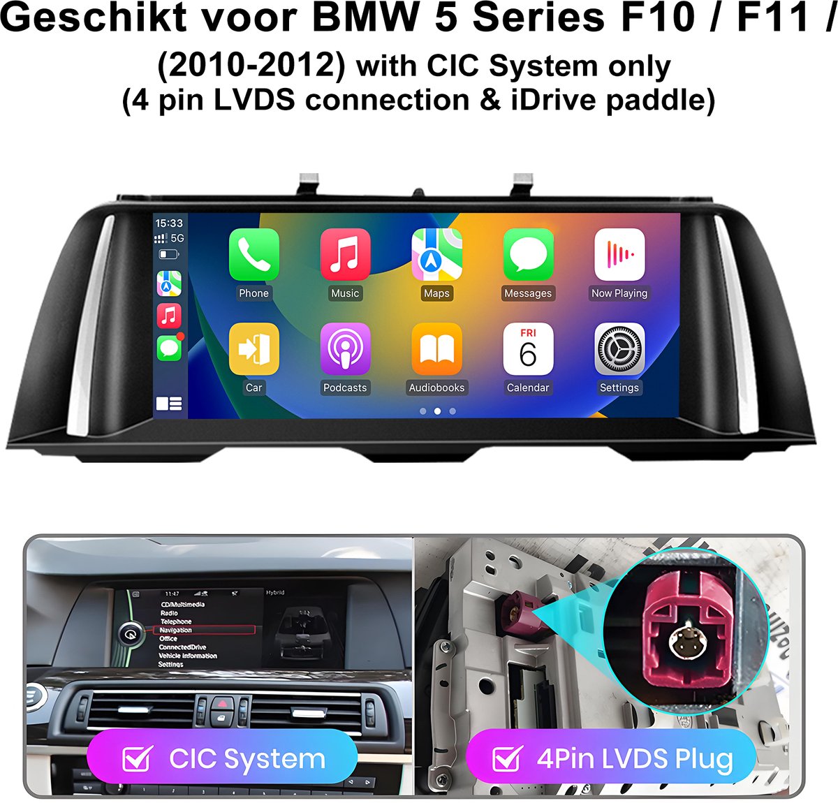 JUNSUN Draadloos Carplay CarPlay & Android Auto Retrofit Geschikt voor BMW 5 Series F10 / F11 / (2010-2012) met CIC-systeem, 10.25 Inch Touchscreen, GPS-navigatiesystem, Bluetooth, WiFi, Stuurwielbediening, USB, FM, Plug & Play