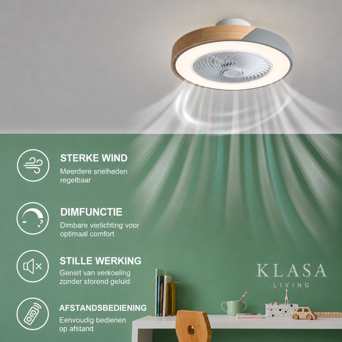 KLASA Living© Slimme Plafondventilator - Grijs + Hout - Ø 52 cm - Stille Motor - Handige App - Dimfunctie - Plafond Ventilator met Verlichting - Plafondlamp met Ventilator thumbnail 2